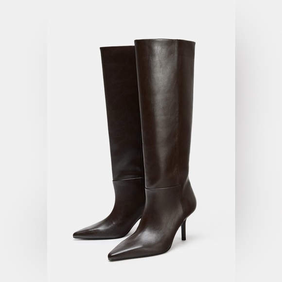 Zara Shoes - Zara Chocolate Brown Vegan Knee-High Pointed-Toe Boots with Heels. Size 6.